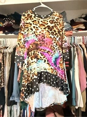 Leopard Multicolor Long Sleeve Tunic with Polka Dot Trim and matching skirt